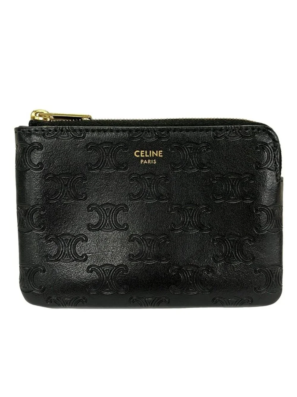 Celine Coin Case Black Gold Triomphe Leather